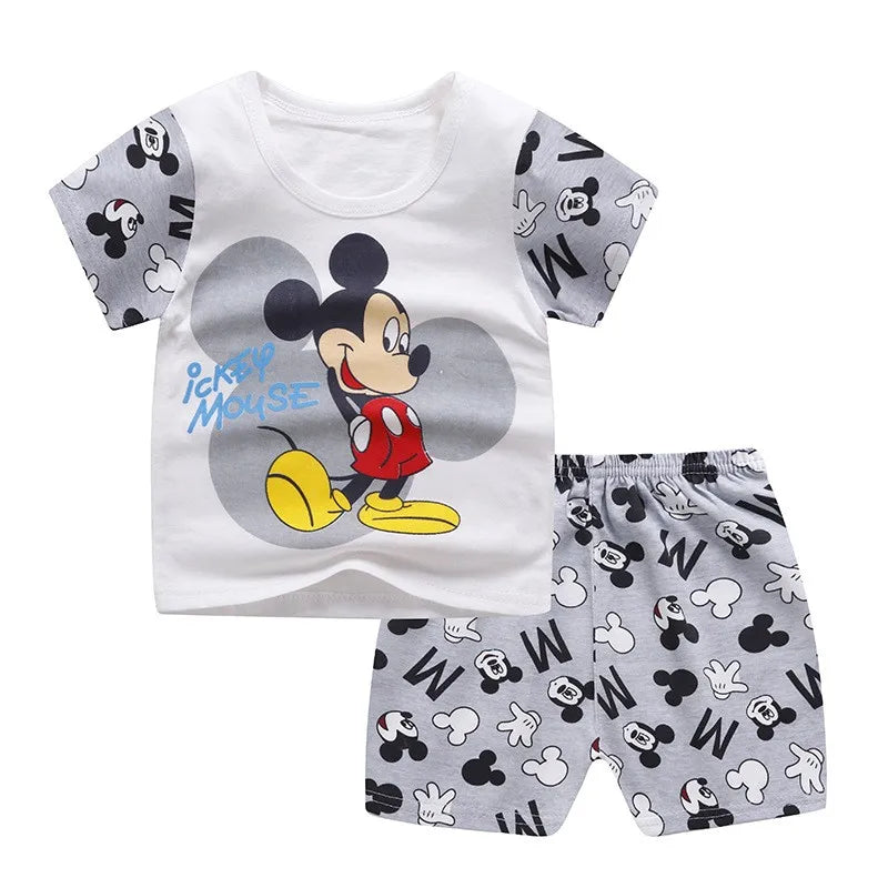 Brand Clothing Kids 2 Piece Set Mickey Print + Shorts Trousera Clothes Baby Toddler Children Short Sleeve Costume Outfit