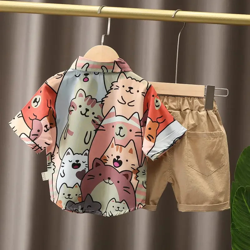 New Summer Children Clothes Baby Boys Girl Cartoon Full Print Cat Shirts Shorts 2Pcs/Set Infant Kids Trend Toddler Tracksuits