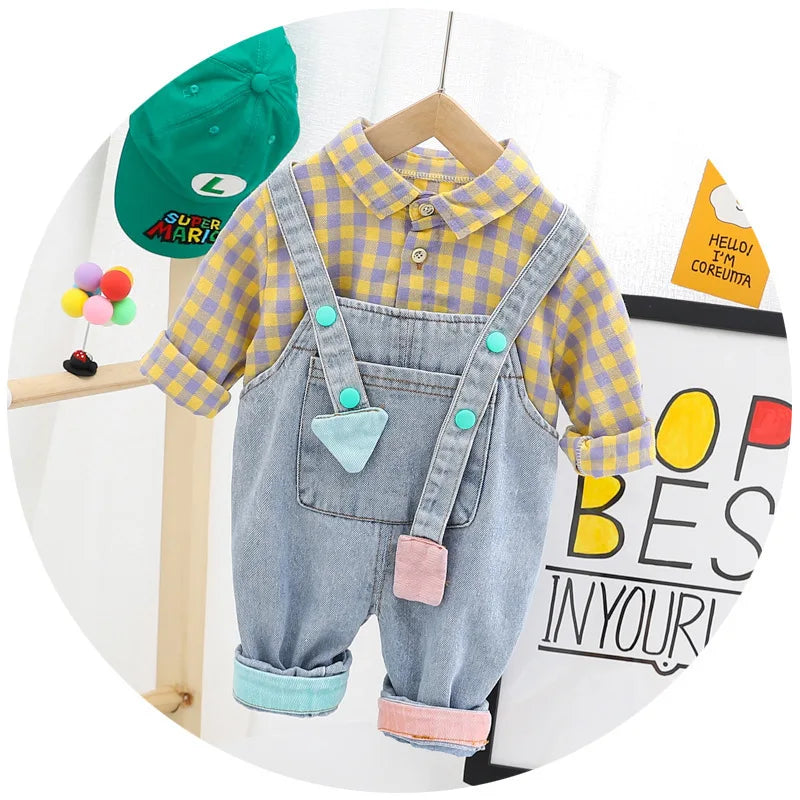 Spring Autumn Children Plaid Clothes Baby Boys Girls Shirt Pants 2Pcs/sets Kids Toddler Casual Overalls Infant Cotton Sportswear