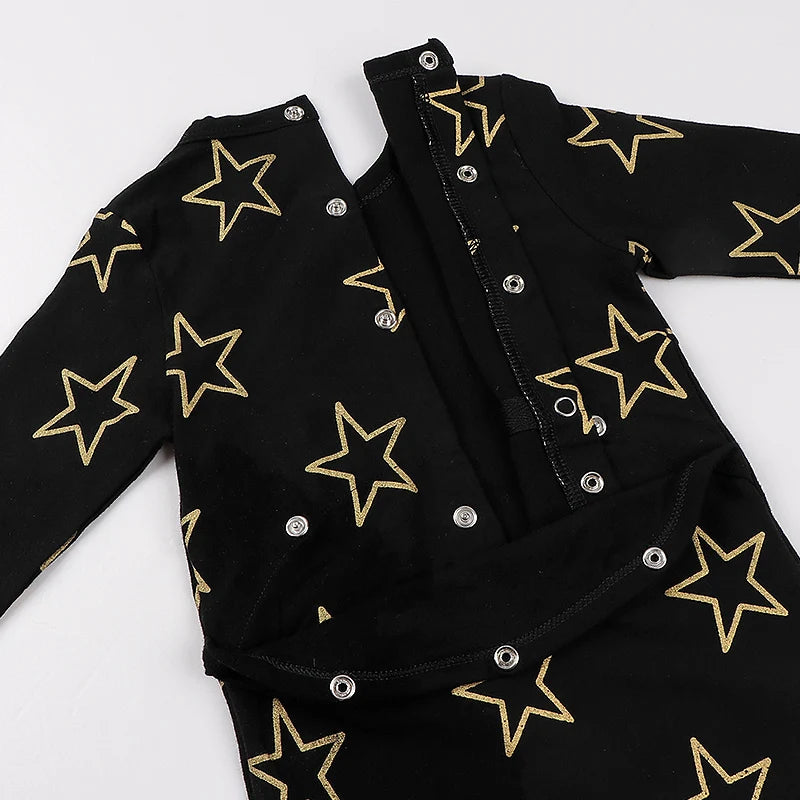 Baby rompers autumn kids clothes long sleeves children clothing black baby overalls gold silver stars kid clothes baby pajamas