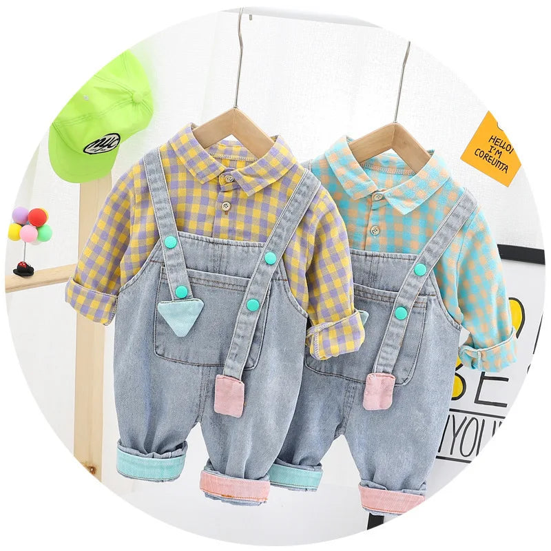 Spring Autumn Children Plaid Clothes Baby Boys Girls Shirt Pants 2Pcs/sets Kids Toddler Casual Overalls Infant Cotton Sportswear